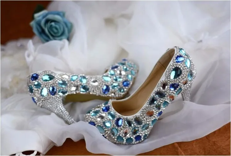 BaoYaFang/женские свадебные туфли со стразами и синими кристаллами на высоком каблуке, модные женские вечерние модельные туфли, роскошные