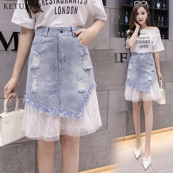 

2020 Holes Denim Skirts Women Summer Lace Mesh Patchwork Skirts Womens Harajuku boho Plus Size 5XL Jeans faldas mujer jupe femme