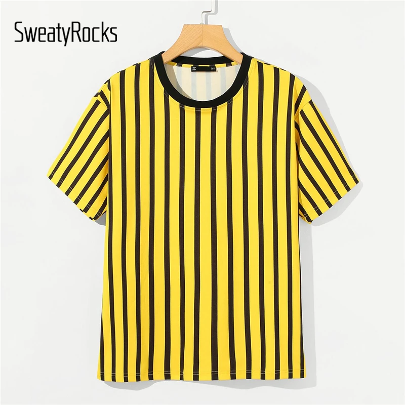 

SweatyRocks Men Striped Short Sleeve Tee Streetwear Yellow T-shirts Fashion Clothing 2019 Summer Athleisure Casual Male Tees