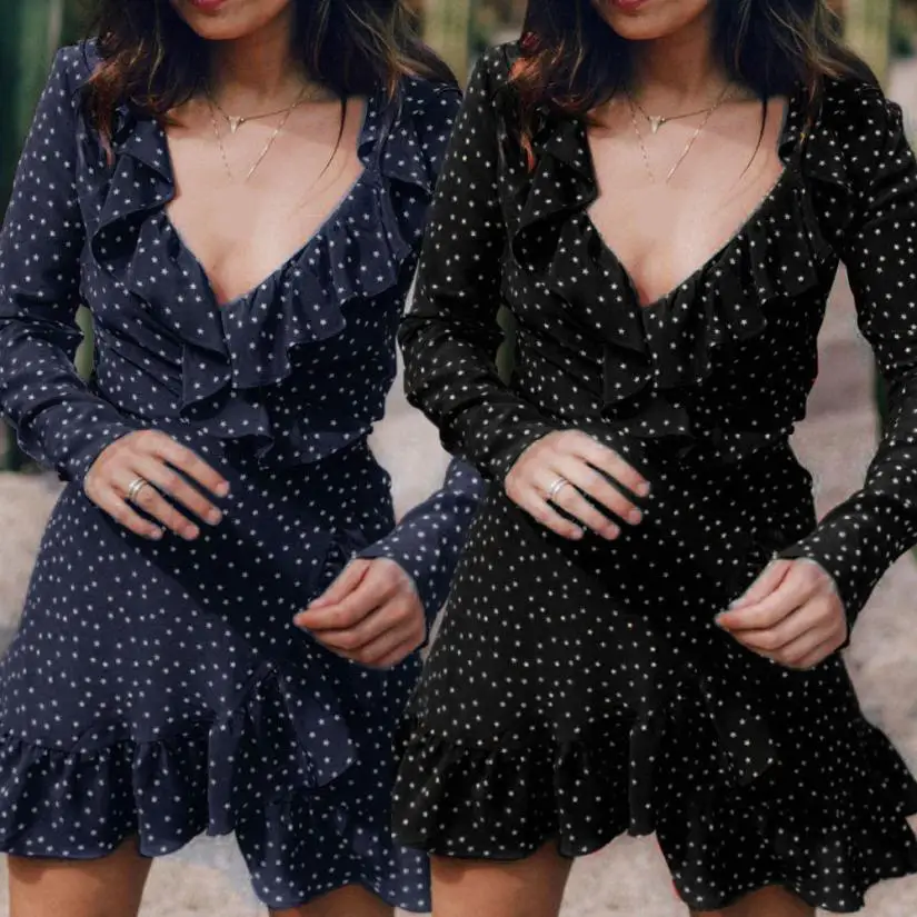 

Summer Wrap Dresses Women Sexy Chiffon Deep V Neck Long Sleeve Star Print Ruffle Mini Dress Beach Dresses Tunic Party Dress