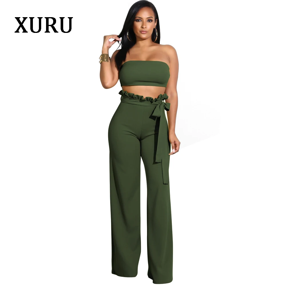

XURU White Black Blue Women Off Shoulder Jumpsuits Strapless Short Top + Wide Leg Pants Two Piece Set Belted Jumpsuits