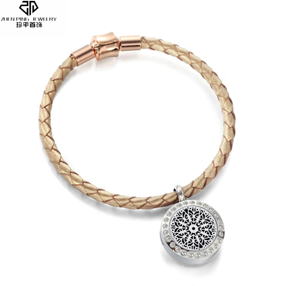 

Charm Stainless Steel Essential Oil Diffuser Locket Bracelets Women Genuine Leather Woven Bracelet Perfume Jewelry