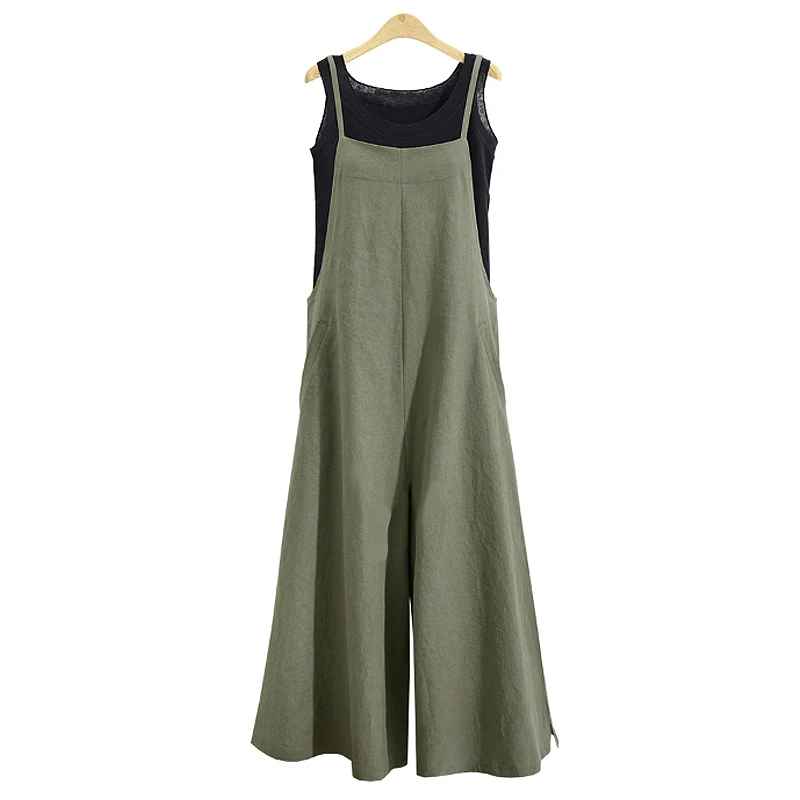 Plus Size New Women Cotton Linen Pockets Long Wide Leg Romper Strappy Dungaree Bib Overalls Casual Loose Solid Jumpsuit Trousers