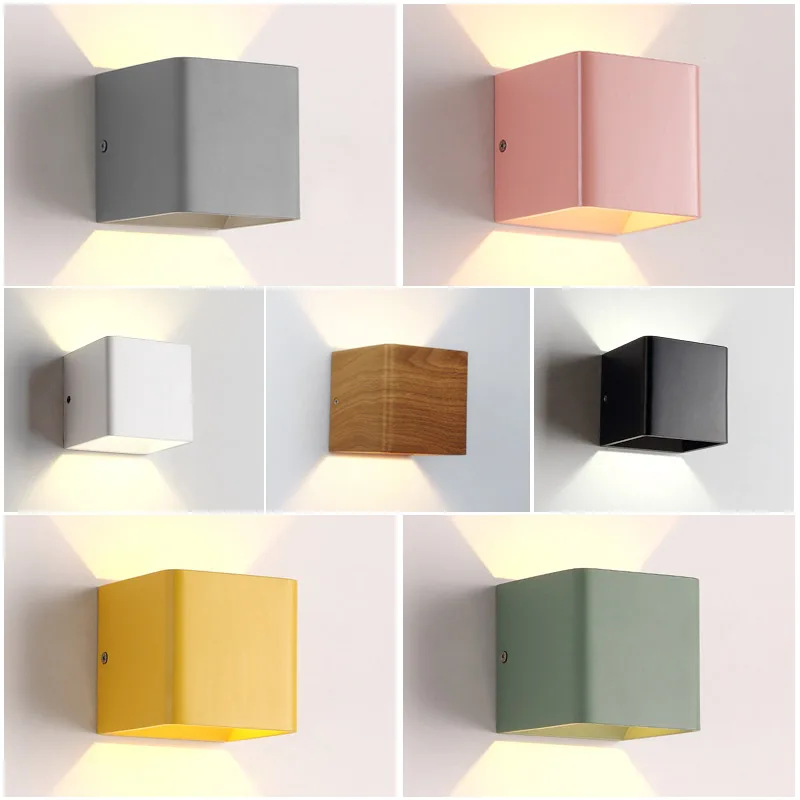 

2 pieces/lot Wood Grain 10*10*10cm Led Wall Lamp 5W Aluminum Up Down Bedroom Lighting Living Room Lights Bedside lamp ZBD0009