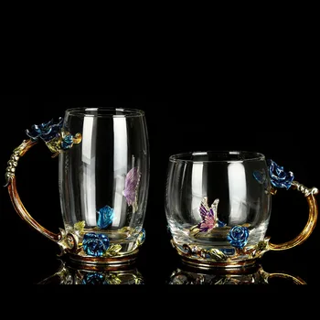 

Enamel Blue Enchantress Rose Butterfly Flowers Crystal Glass Scented Tea Coffee Cup Milk Juice Mug Best Gift For Friends Lovers