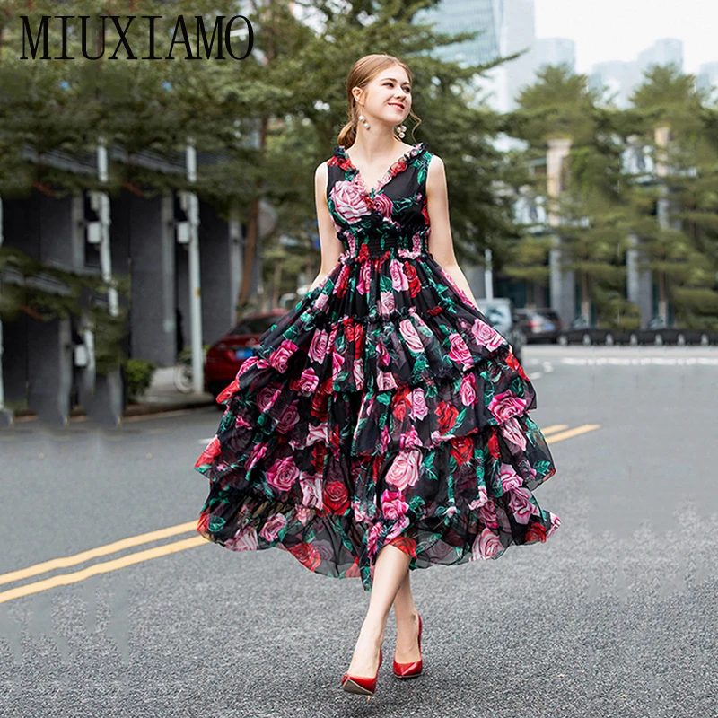 

MIUXIMAO 2019 High Quality New Fashion Runway Summer Dress Women's Retro Flower Print Vintage Cake Long Dress vestidos