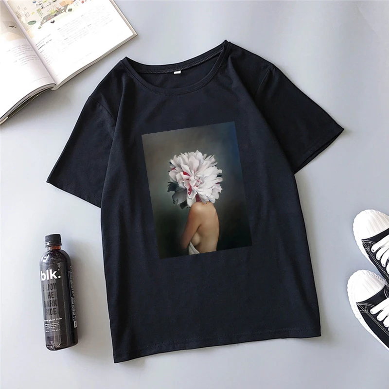Летняя женская Повседневная футболка с цветочным принтом Ulzzang, с коротким рукавом, новинка, свободные топы ulzzang, Harajuku, футболки, S-2XL, футболка с круглым вырезом - Цвет: 03