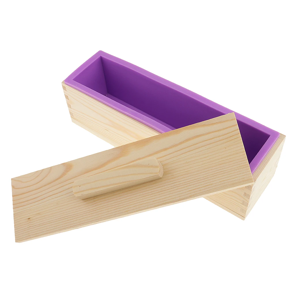 2 Pieces Rectangle Silicone Soap Toast Loaf Mold Wooden Box Lid DIY 900ml Purple