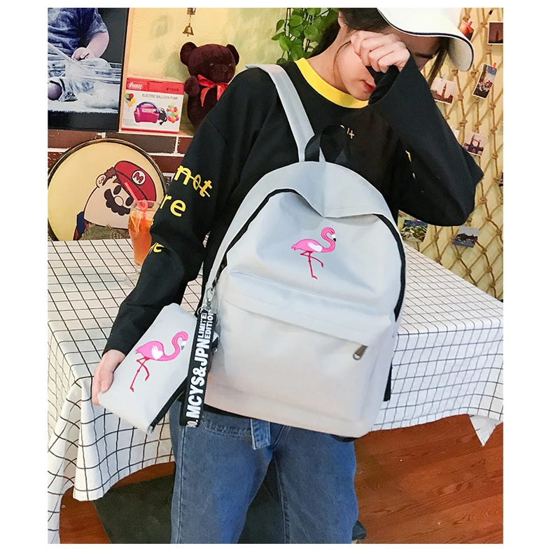 Harajuku school bag female Korean version of ulzzang high school students flamingo print campus college wind canvas backpack