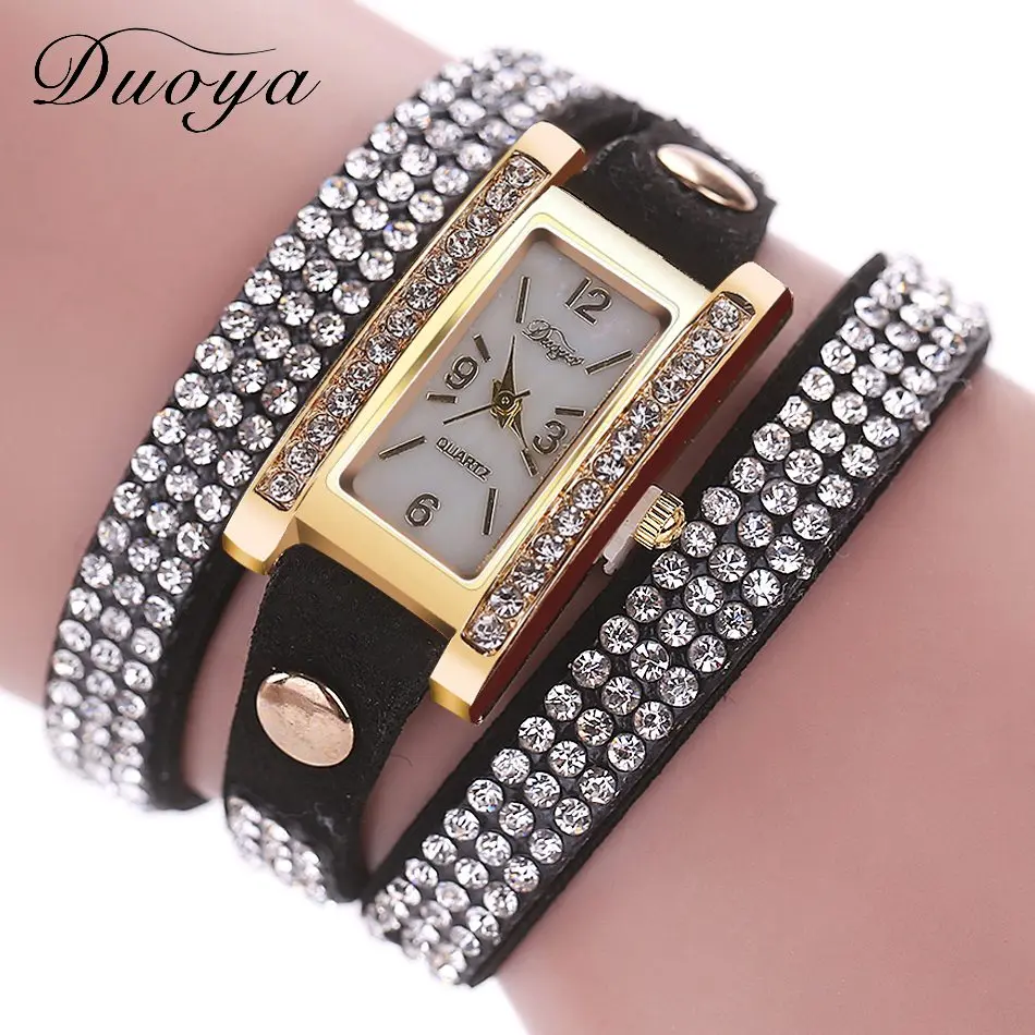 Women Gold Quartz Watch Duoya Fashion Crystal Rectangle Bracelet Watch Ladies Dress Watch Montre