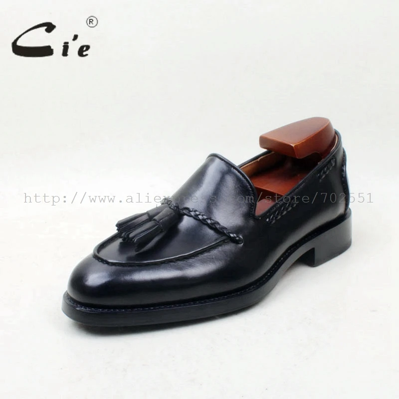 cie Round Toe Genuine Leather Outsole Bespoke Goodyear Welted Handmade Black Tassels Slip-on Men's Shoe loafer 158