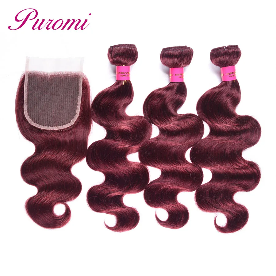 Puromi Hair Extension Colored 99J Brazilian Hair Weave Bundles with Closure 4x4 Free Part Body Wave Human Hair Bundles Non Remy