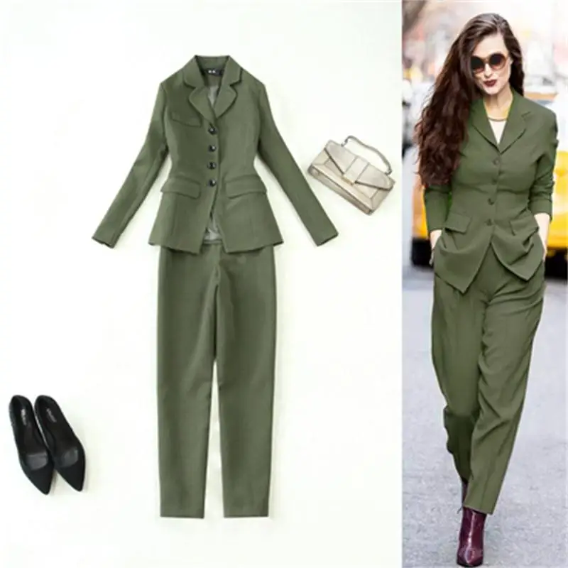 

Fashion suit Suits female plus size New high quality Autumn winter ArmyGreen casual suit + Harem pants Two-piece suit women