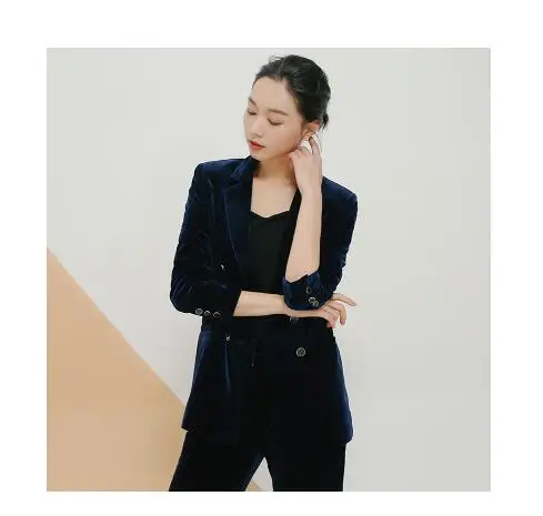 003 navy blue Новые элегантные Брючные костюмы тонкие женские офисные деловые костюмы официальная Рабочая одежда Комплекты из 2 предметов темно-зеленые бархатные женские брючные костюмы - Цвет: 003 navy blue