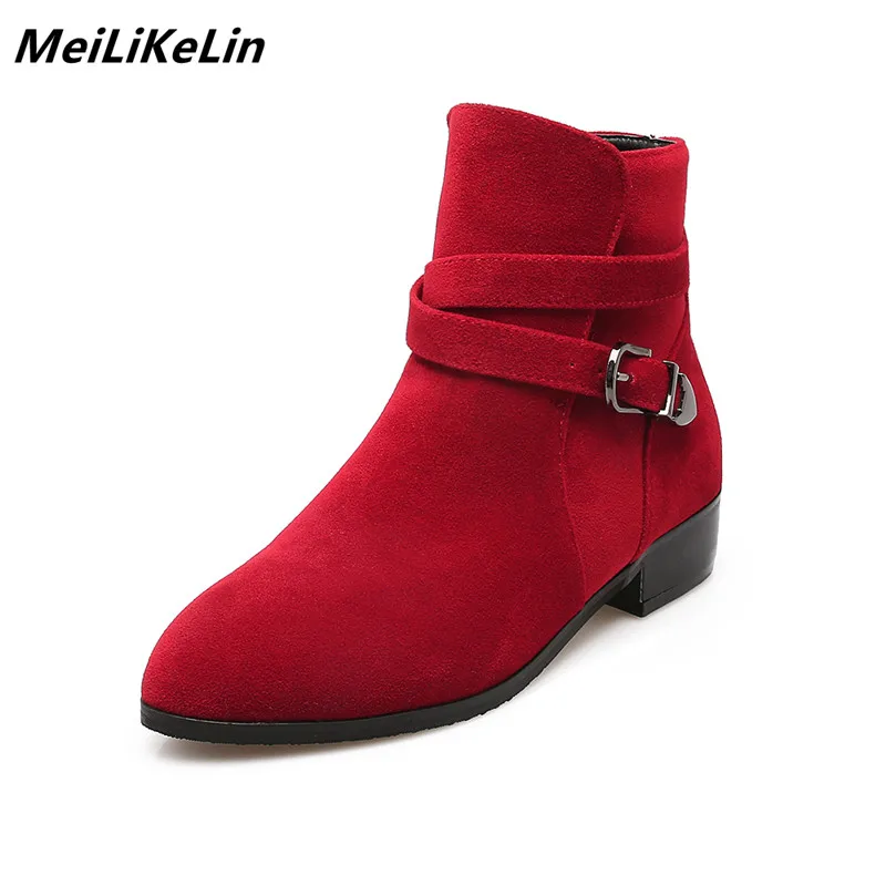 red flat ankle boots