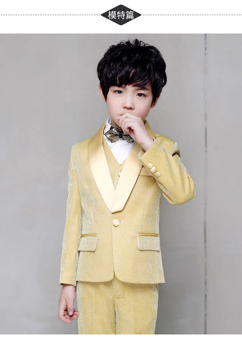 Flower Boy Wedding Dress Suit Sets Children Gold 3Pcs Catwalk Piano Costume Kids Blazer Vest Pants Shirts Clothes Sets