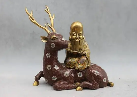 

Chinese Bronze Copper Cloisonne longevity god Ride spotted deer Buddha statue
