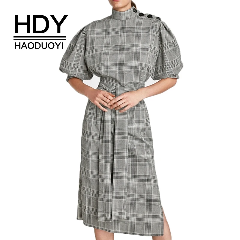 

HDY Haoduoyi Plaid Puff Sleeve Turtleneck Buttons Midi Dresses With Tie Waist Split Elegant Knee -length Dresses For OL Lady