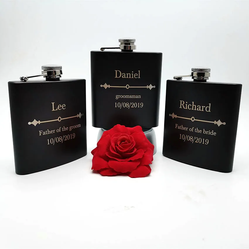 

6oz Personalized Hip Flask Custom black leather stainless steel Laser Engraved Gift for Him, Groomsmen Gifts Be My Best Man