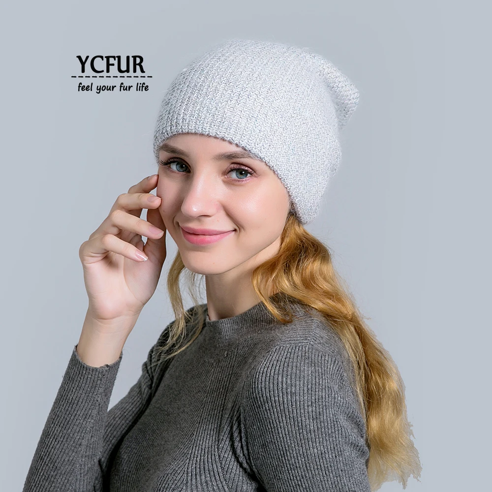 YC Fur Милая шапка для девочек шляпа на зиму осень двухслойная вязаная шерстяная шапка бини шапки для женщин из ангорской кроличьей шерсти Повседневная Шапка Кепка Женская