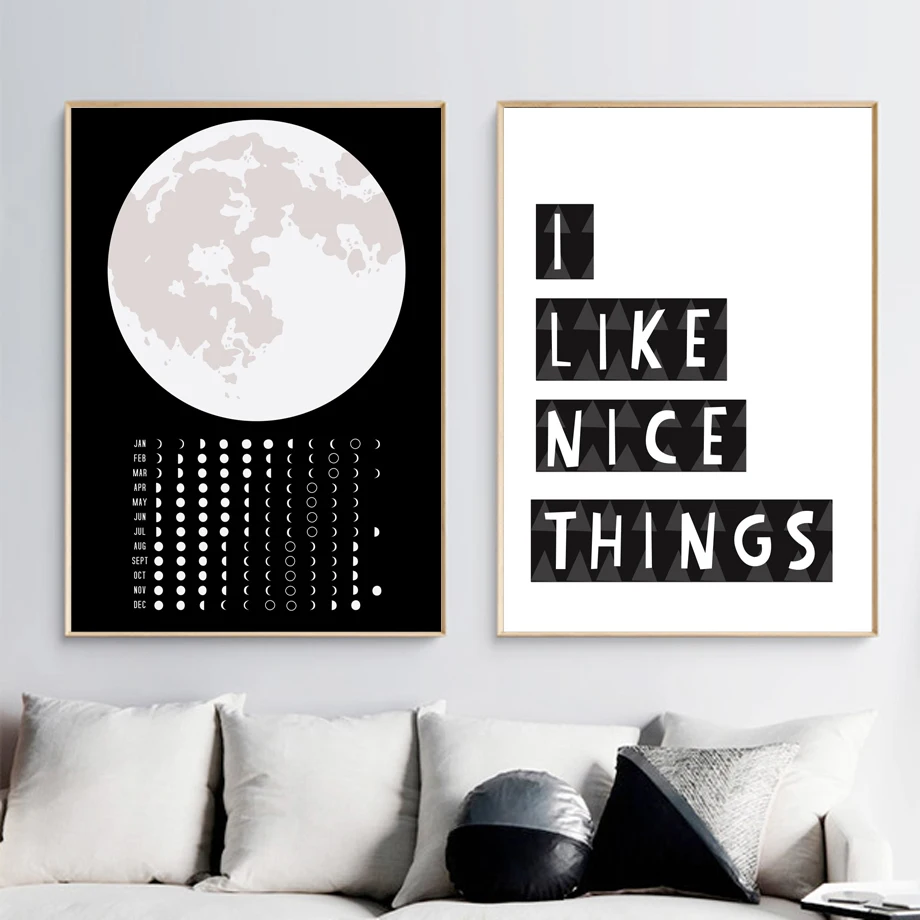 

Black White Earth Moon 12 Months Quotes Wall Art Canvas Painting Nordic Posters And Prints Wall Pictures For Living Room Decor