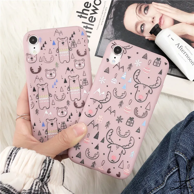 

Cute Pink Cartoon Funny Bear elk Graffiti Phone Case For coque iphone 7 7 Puls 6S 7 8 Plus case silicon for iphone cover X XR XS