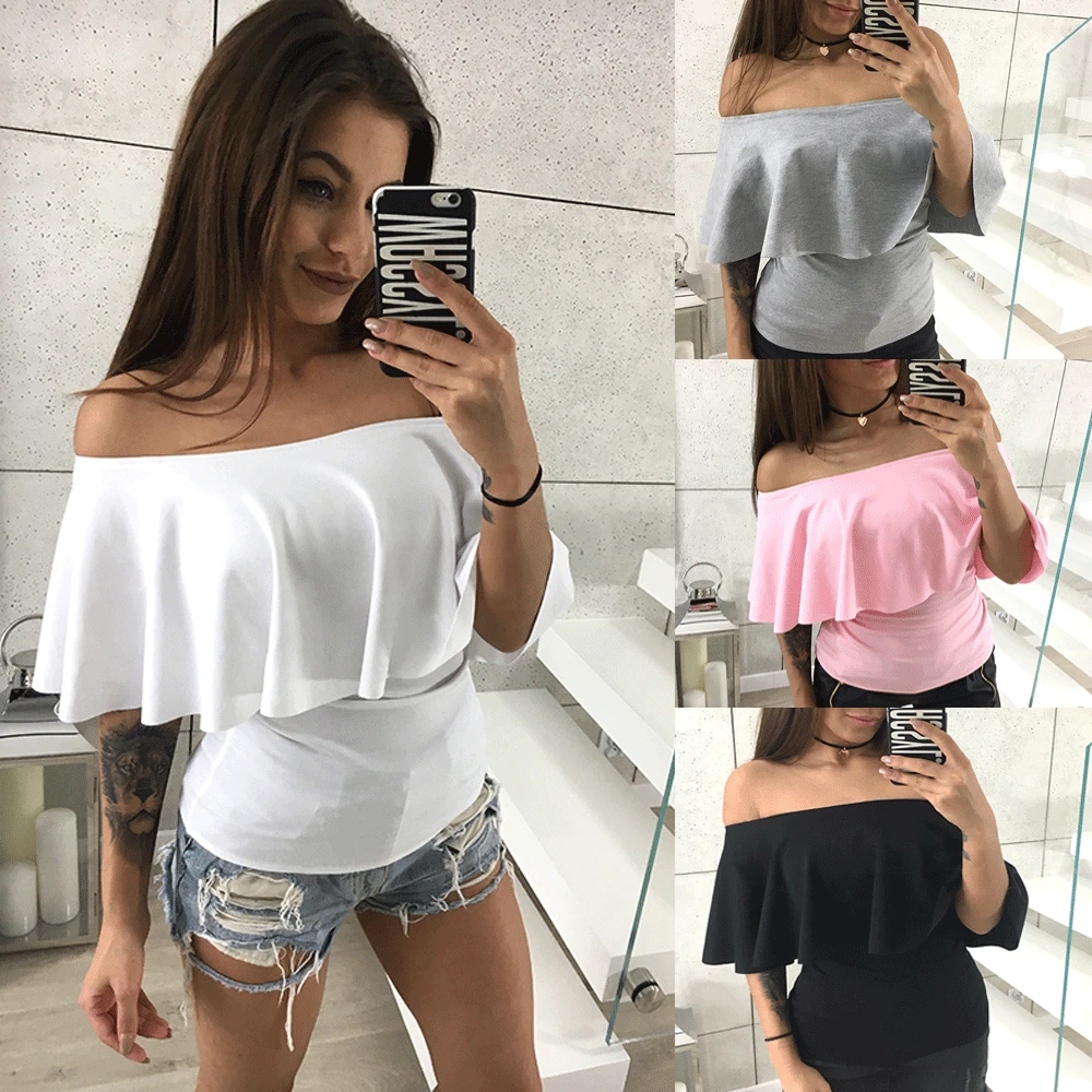 

2019 New Fashion Solid Pink Off Shoulder Crop Tops Women Summer Sweet Lantern Sleeve Shirts Lady Sexy Slash Neck Beach Blouse