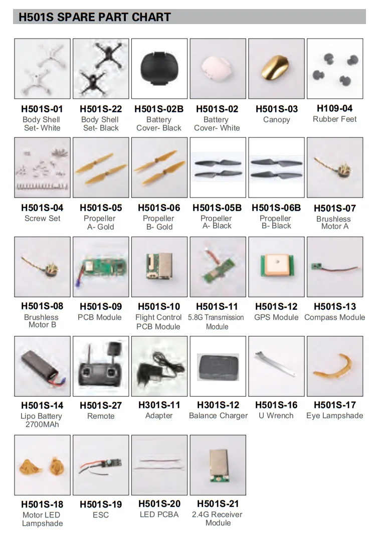 

Original Hubsan X4 H501S FPV Battery Remote Control Transmission Module Blade Propeller Brushless motor ESC Parts & Accessories