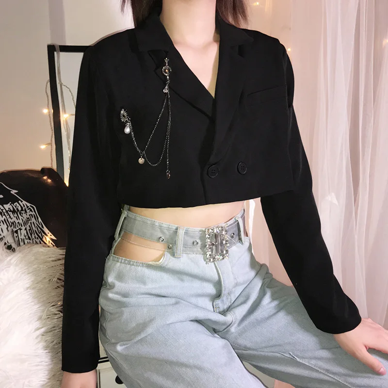 Fitshinling 2019 Autumn Winter Blazer Feminino Fashion Chain Cropped Coat Long Sleeve Buttons Slim Women Blazers And Jackets New