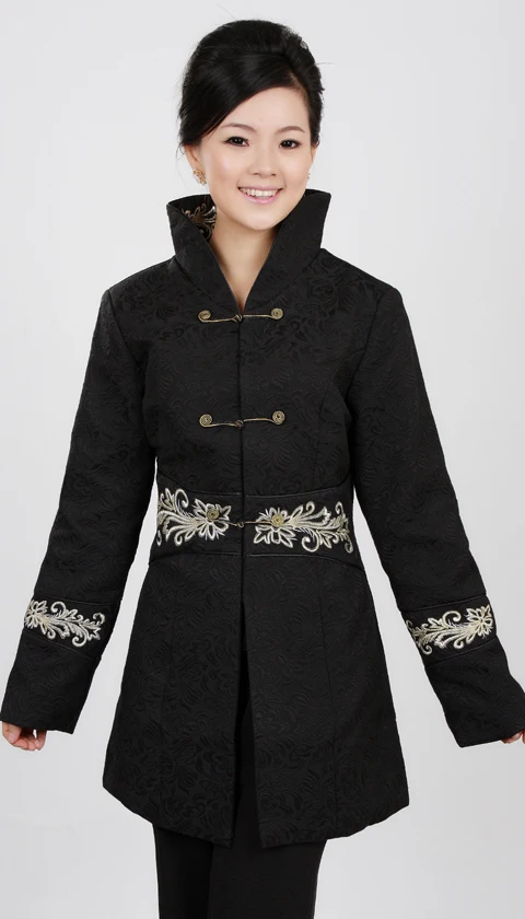 Черная китайская женская хлопковая тонкая длинная куртка с вышивкой зимнее пальто Размер S M L XL XXL XXXL 4XL 2255-2