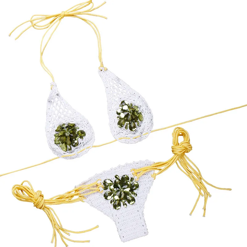 Pacento Bikinis Set Crochet Micro Bikini String Rinestone Diamond Sexy Swimwear Women Micro Bathing Suit Bikinis 2018 Mujer