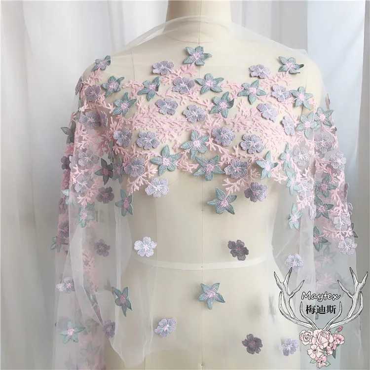 

1 Yard 3D Purple Pink Soft Tulle Embroidered Lace Fabric Wedding Dress Bridal Gown Prom Dress European Lace Fabric 130cm Wide