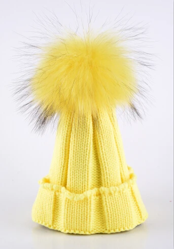 Модная зимняя теплая шапка Детские шапочки меховой вязаный шарик шапочки детская Шерстяная Лыжная Шапка енот шапки для девочек - Цвет: Цвет: желтый