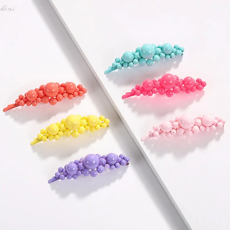 

AOMU Korea Chic Candy Color Geometric Flower Hair Clips Hairpins Women Handmade Braided Plastic Beads Hairgrip Hair Accessories