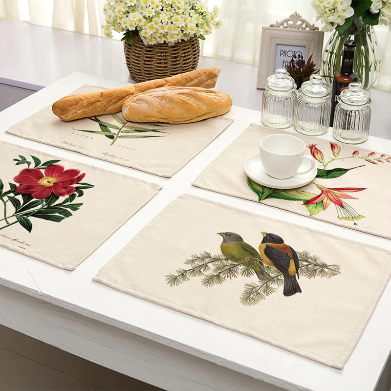 Pastoral 42x32cm Kitchen Dinner Table Mats Cotton Linen Table Napkin Flower Bird Pattern Decorative Placemats Coaster Wine Mat