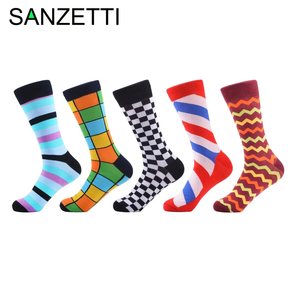 

SANZETTI 5 pairs/lot Funny Men's Classic Combed Cotton Casual Dress Socks Grid Stripe Pattern Colorful Wedding Socks for Gifts