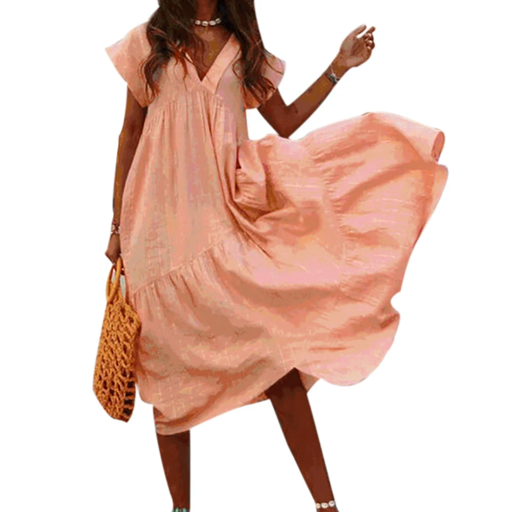 

Laamei Women Dress Summer 2019 Women Casual Loose Solid Short Sleeve V-Neck Long Beach Party Dress Female Plus Size Dress