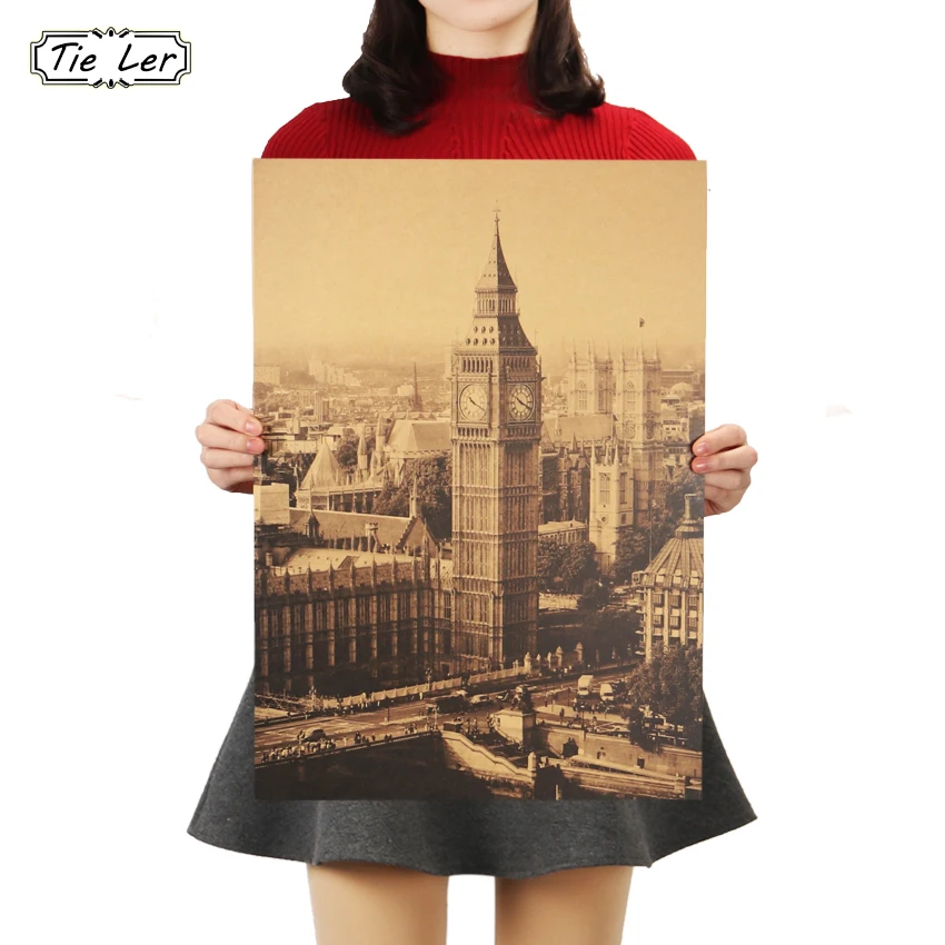TIE LER Лондон знаменитое здание, Биг Бен Ностальгический винтажный крафт-бумага плакат украшение живопись наклейки на стену 36X51,5 см