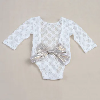

White Newborn Photography Props Baby Girl Lace Romper with Bow Infant Jumpsuit Baby Girl Clothes for New Born