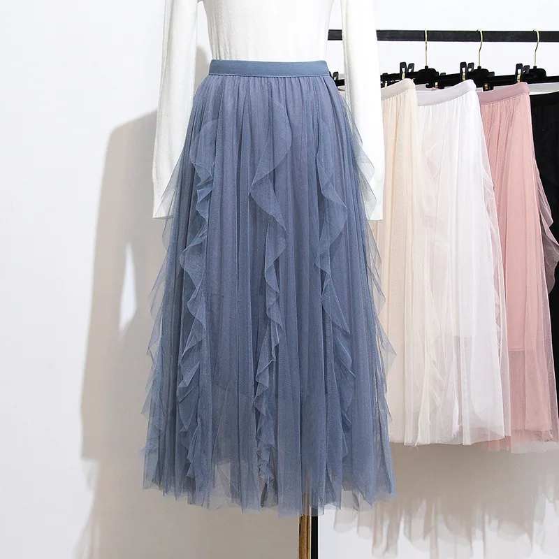 

Women's Summer Tulle Skirts Women Elastic High Waist Mesh Skirts Female Long Vintage Pleated Tutu Skirts