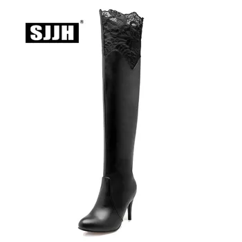 

SJJH Women Lace Over-the-Knee Boots with Round Toe Stiletto Patchwork Plush Riding Boots Fashion Elegant Shoes Large Size Q105