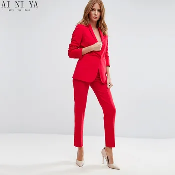 

New Red Pofessional Women Business Suits Work Wear With 2 Pieces Jackets+Pants Blazers Office Uniform Styles Female Trouser Suit