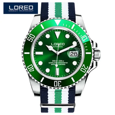 LOREO Brand Water Ghost Series Classic Green Dial Luxury Men Automatic Watches Stainless Steel 200m Waterproof Mechanical Watch - Цвет: Colour 16