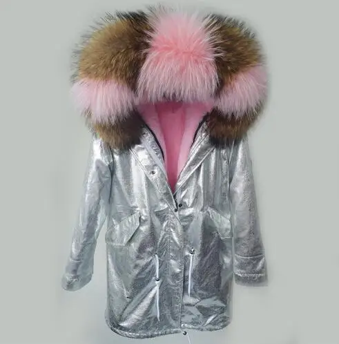 Зимняя куртка, парка, Серебряное пальто из искусственной кожи, пальто из натурального меха, зимняя куртка для женщин, воротник из натурального меха енота, теплые толстые парки со съемным воротником - Цвет: 4 long