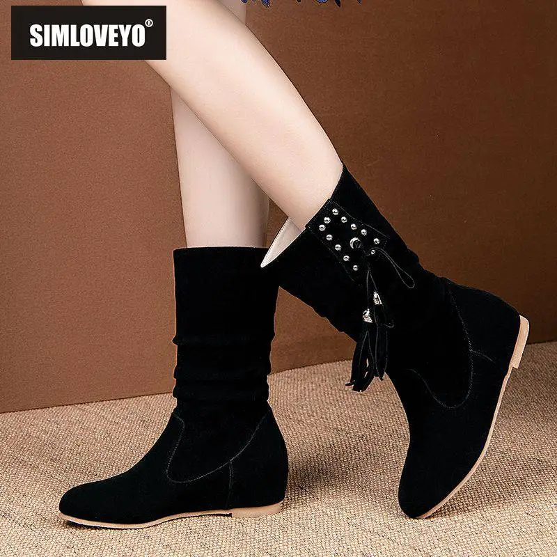 

SIMLOVEYO Winter ankle boots Suede leather Round toe height increasing boots Studded tassel Slip on Black Booties mujer big size