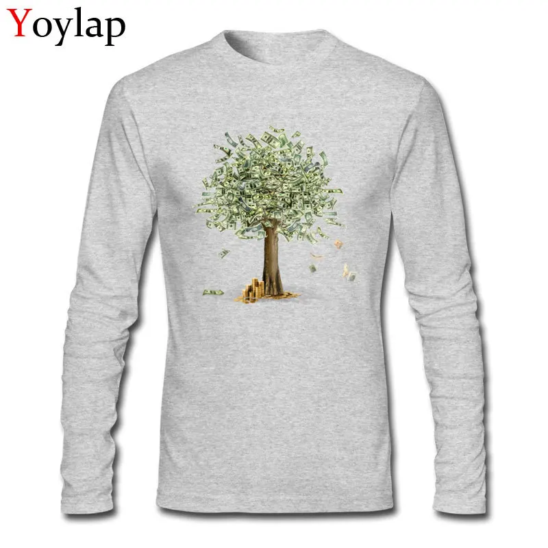 100% Cotton Men Long Sleeve Tops Tees Money grows on trees Design Summer/Fall T Shirts Print Classic Crewneck Tee-Shirt Money grows on trees grey