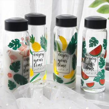 

New Fashion Creative Flamingos Glass Water Bottle Pineapple Banana Watermelon Women Office Portable Drinking Bottles Gift