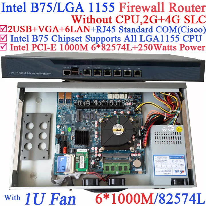 Intel B75 LGA 1155 1U network router hardware with 6 1000M 82574L SFP i350 2