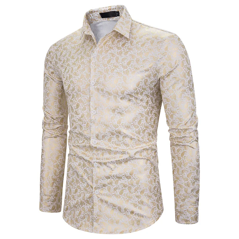 Новые Золотые Бронзовые рубашки Camisa для мужчин, приталенное платье, брендовая одежда с длинными рукавами для ночного клуба, рубашка с цветочным принтом для мужчин, уличная одежда - Цвет: A67-White