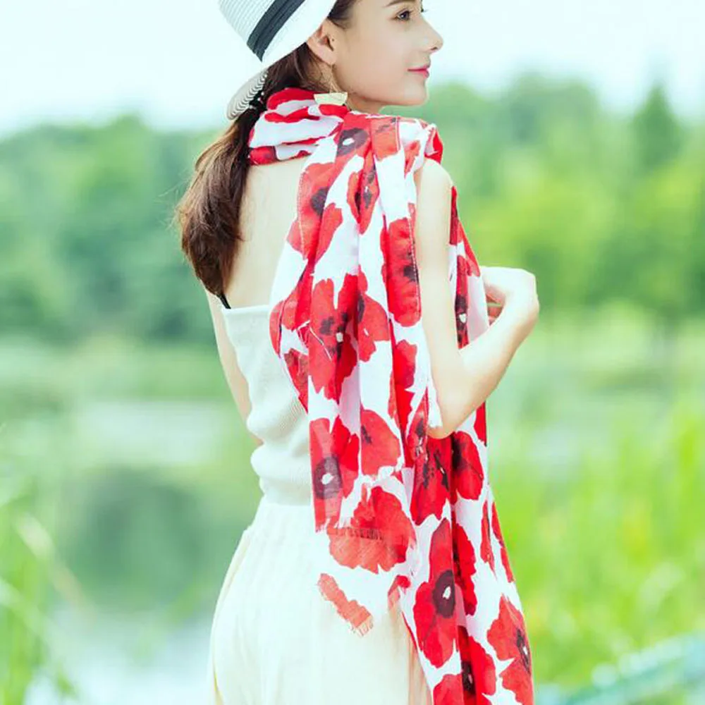Лидер продаж, 1 шт., Модный женский длинный шарф с цветочным принтом Красного мака, Пляжная накидка, Женский палантин, шаль, шарф, высокое качество, подарок
